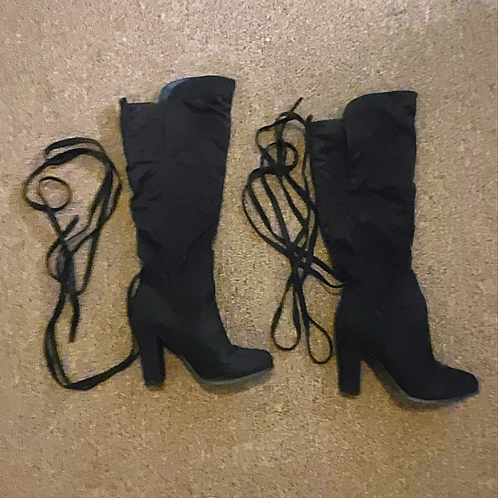 Suede material black knee boots
